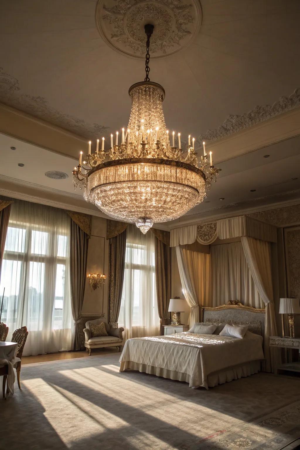 A striking chandelier enhances the grandeur of a spacious bedroom.