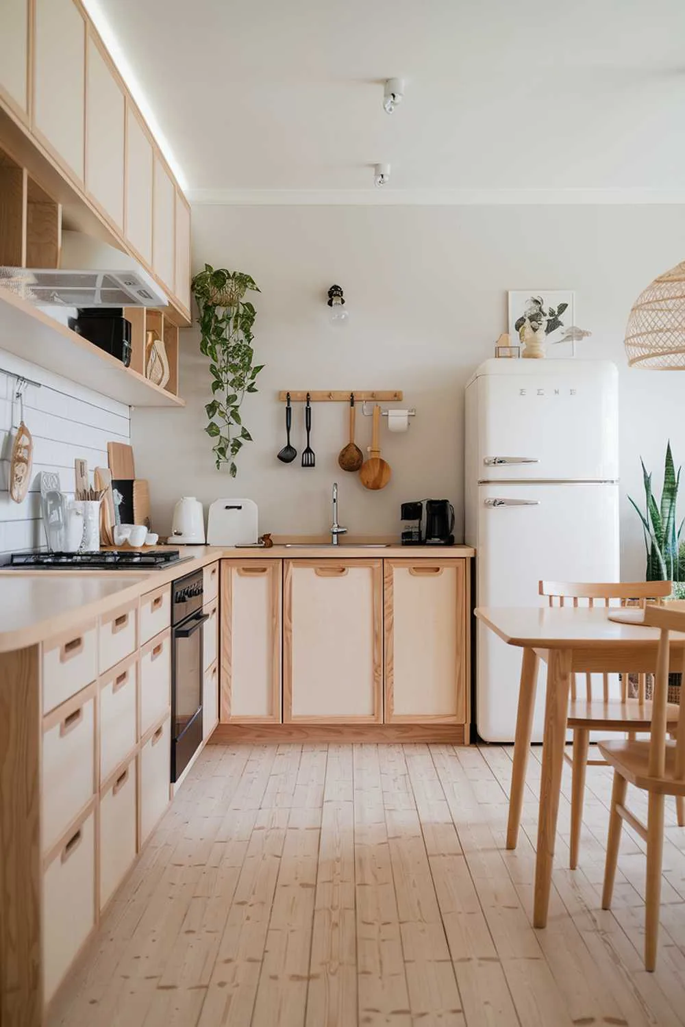 Modern Scandinavian kitchen featuring light wood floors and cabinetry with black stove and natural accents