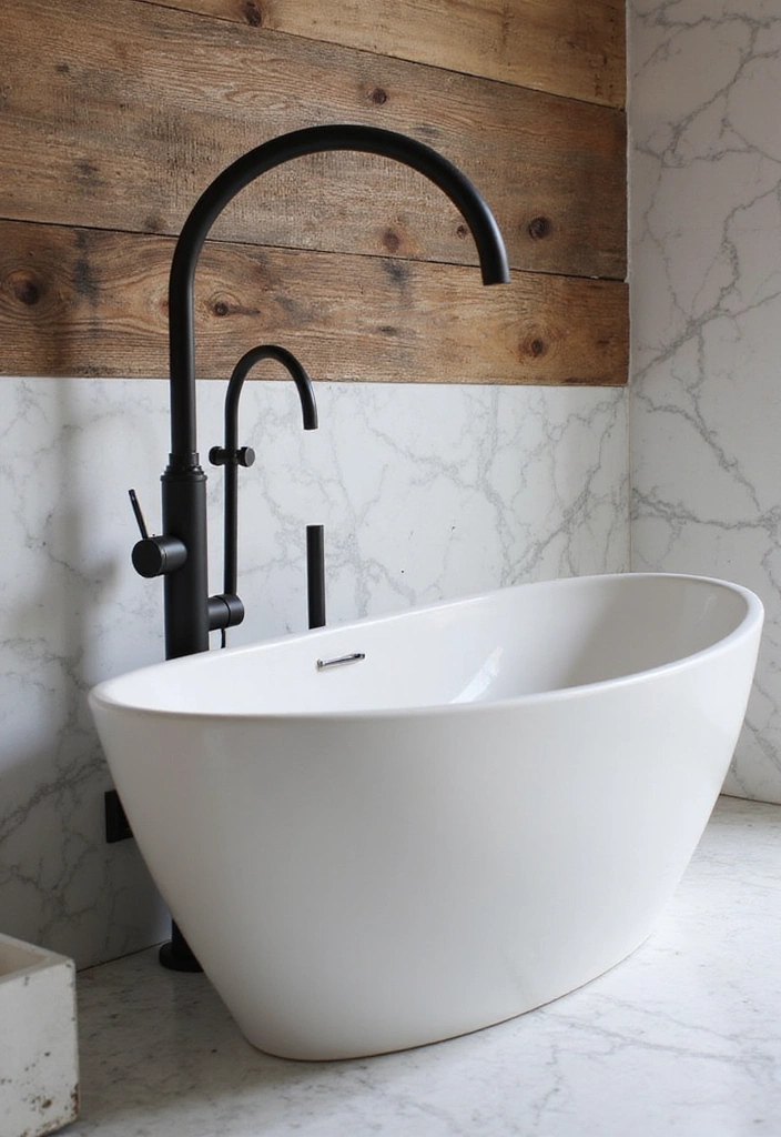 Bathroom with Bold Matte Black Fixtures, Reclaimed Wood Vanity, and Carrara Marble