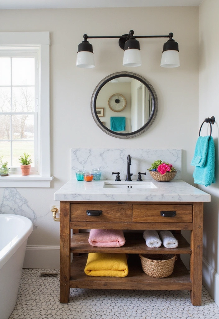 Bathroom with Colorful Accents, Reclaimed Wood Vanity, Carrara Marble, and Matte Black Fixtures