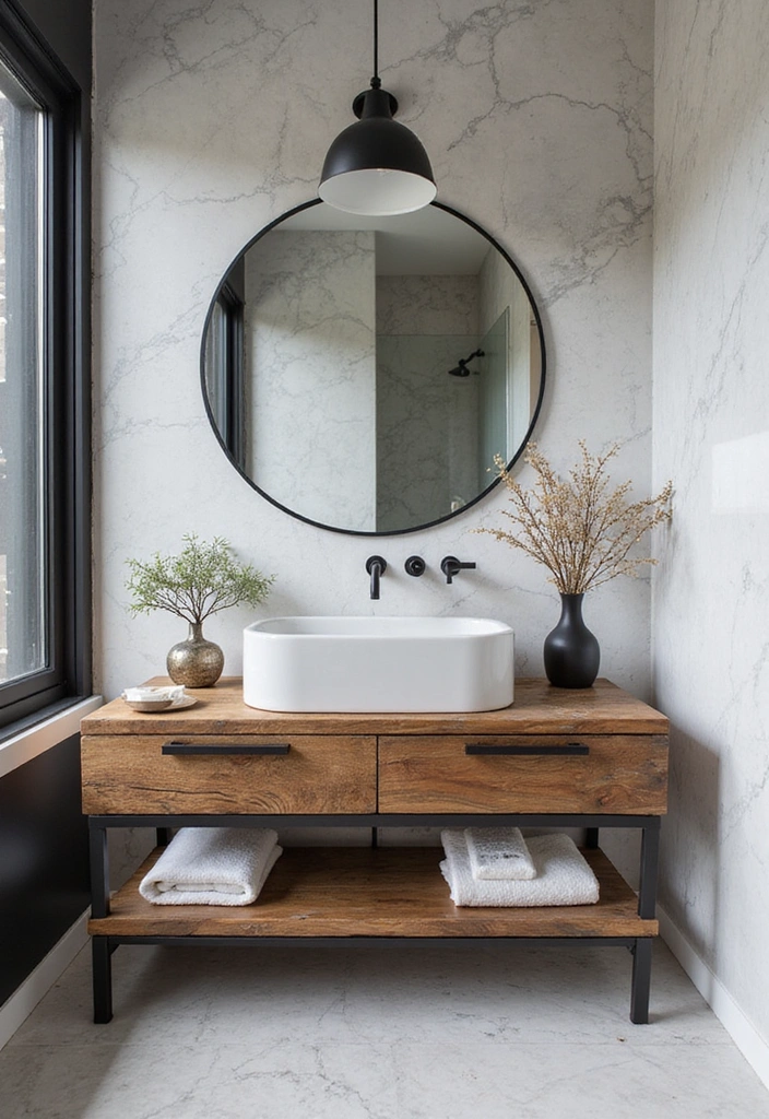 Bathroom with Contrasting Textures: Reclaimed Wood, Carrara Marble, and Matte Black Fixtures