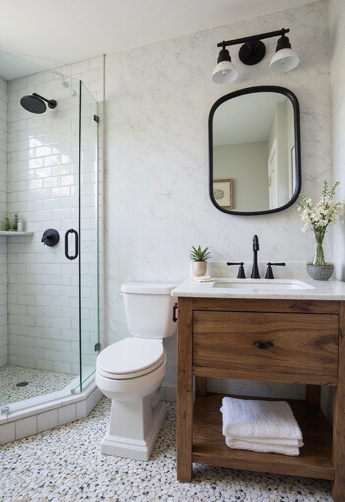 Bathroom with Creative Tile Work Featuring Reclaimed Wood Vanity, Carrara Marble, and Matte Black Fixtures