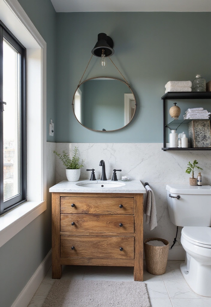 Bathroom with Harmonious Color Palettes Featuring Reclaimed Wood Vanity, Carrara Marble, and Matte Black Fixtures