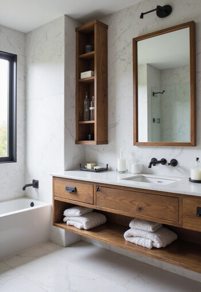 Bathroom with Integrated Storage Featuring Reclaimed Wood Vanity, Carrara Marble, and Matte Black Fixtures