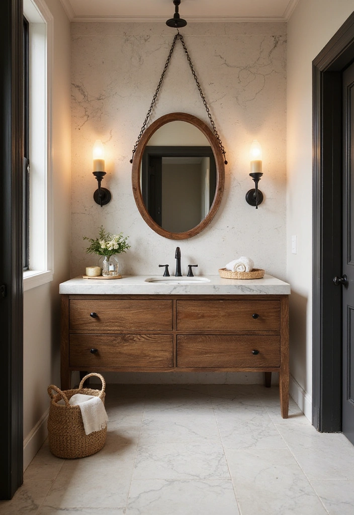 Bathroom with Layered Lighting Featuring Reclaimed Wood Vanity, Carrara Marble, and Matte Black Fixtures
