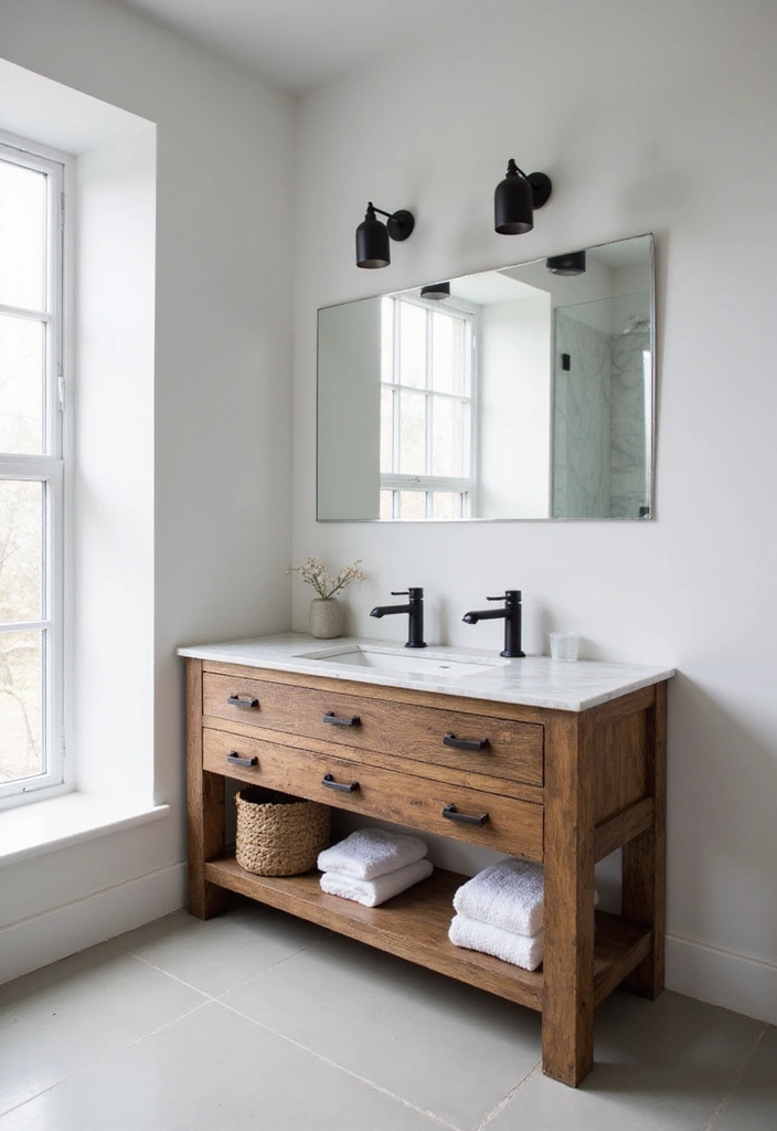 Minimalistic Bathroom with Reclaimed Wood Vanity, Carrara Marble, and Matte Black Fixtures