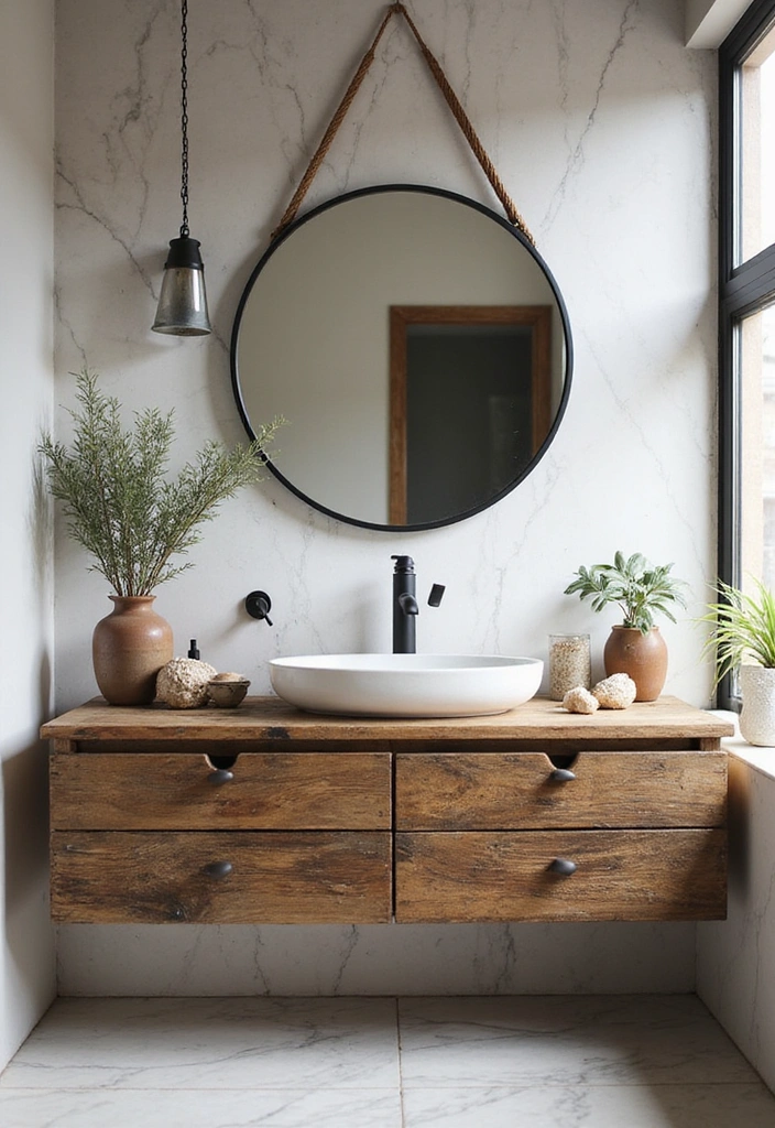 Bathroom with Natural Elements Featuring Reclaimed Wood Vanity, Carrara Marble, and Matte Black Fixtures