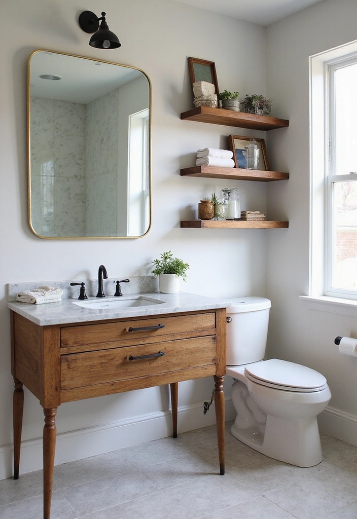 Bathroom with Open Shelving Featuring Reclaimed Wood Vanity, Carrara Marble, and Matte Black Fixtures