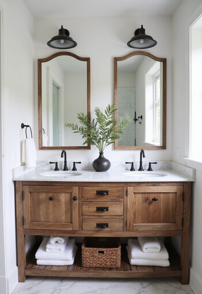 Bathroom with Personal Touches Featuring Reclaimed Wood Vanity, Carrara Marble, and Matte Black Fixtures