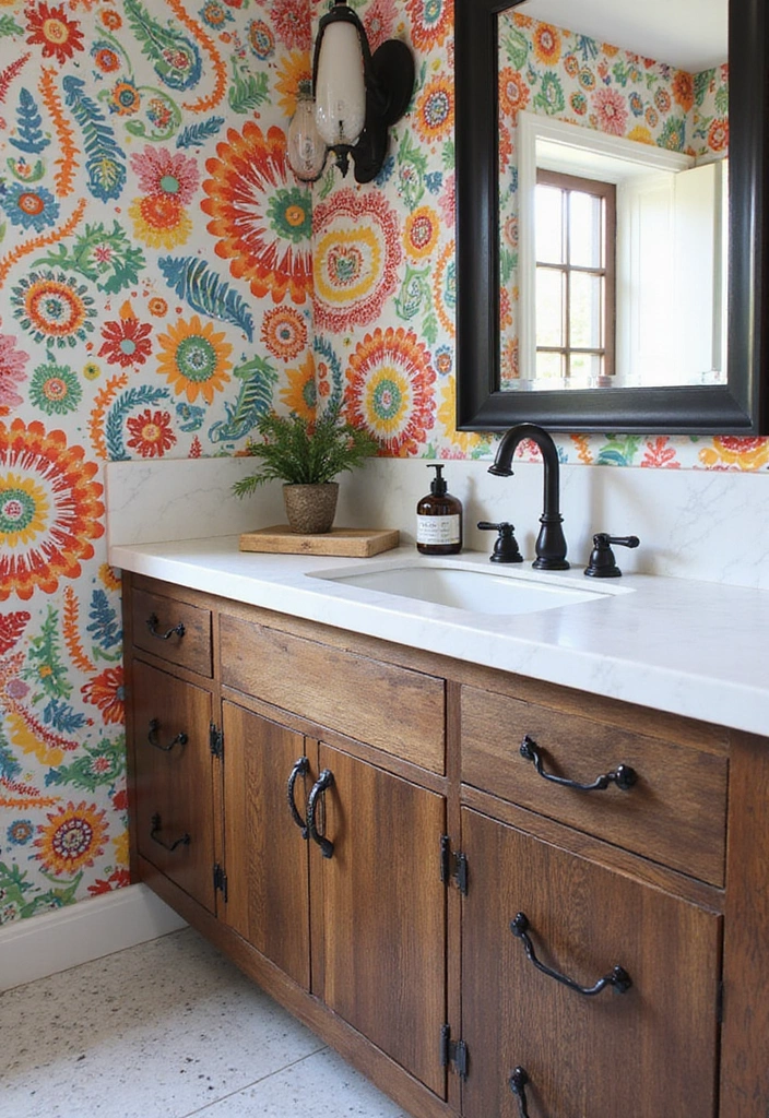 Bathroom with Playful Patterns Featuring Reclaimed Wood Vanity, Carrara Marble, and Matte Black Fixtures