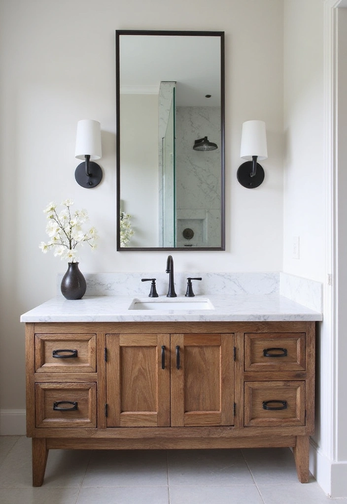Bathroom with Statement Mirrors Featuring Reclaimed Wood Vanity, Carrara Marble, and Matte Black Fixtures