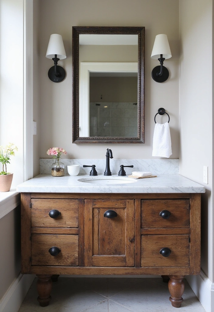 Vintage Charm Bathroom with Reclaimed Wood Vanity, Carrara Marble, and Matte Black Fixtures
