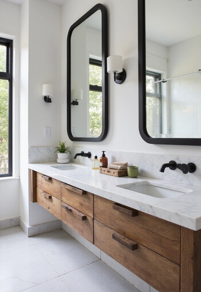 Bathroom Featuring Reclaimed Wood Vanity, Carrara Marble, and Matte Black Fixtures