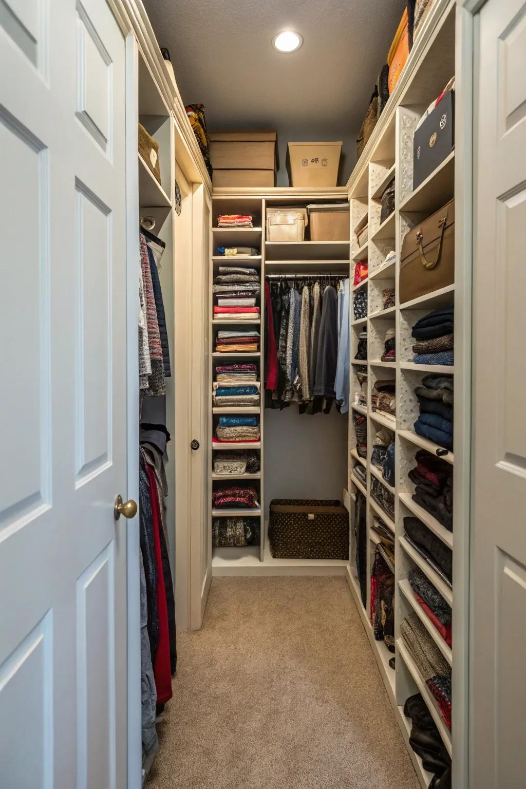 Tall shelving units optimize vertical space in narrow closets.
