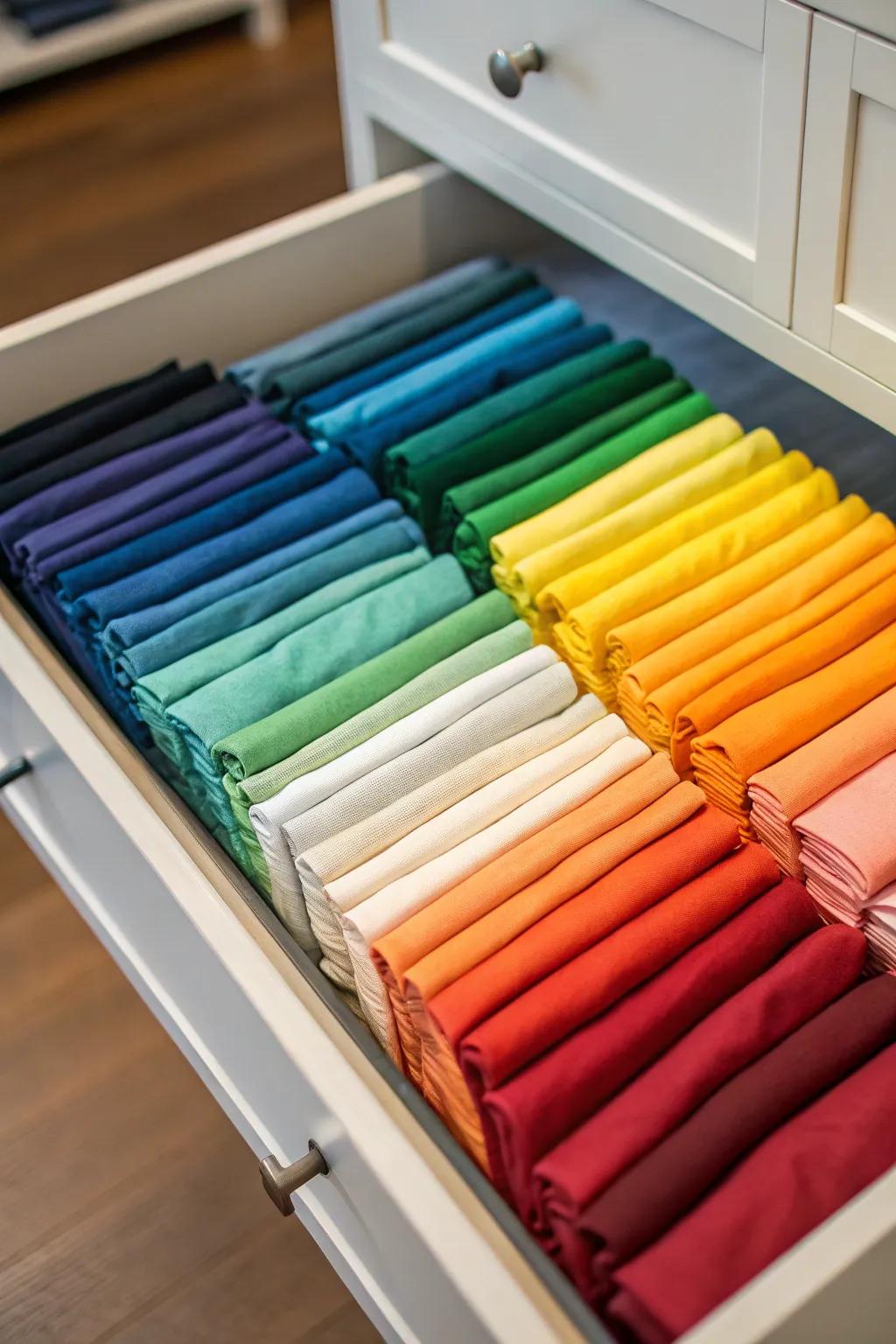 T-shirts folded vertically and sorted by color in a drawer.