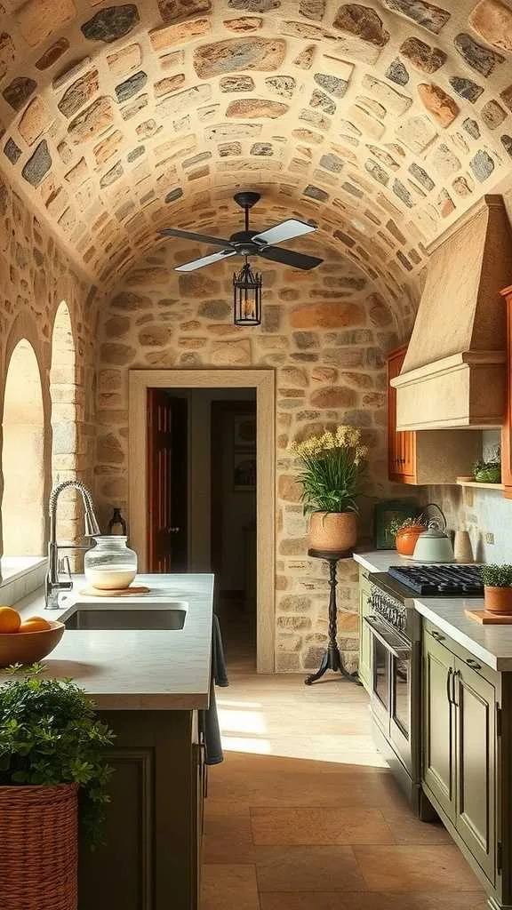 Spanish Mediterranean kitchen featuring natural stone walls and rich wood cabinetry