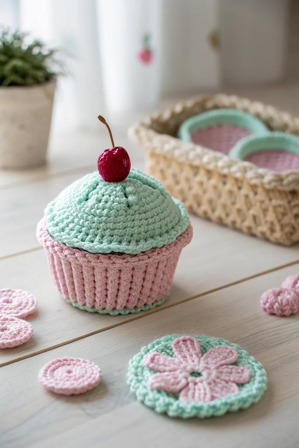 Charming calorie-free crochet cupcake to brighten your day.