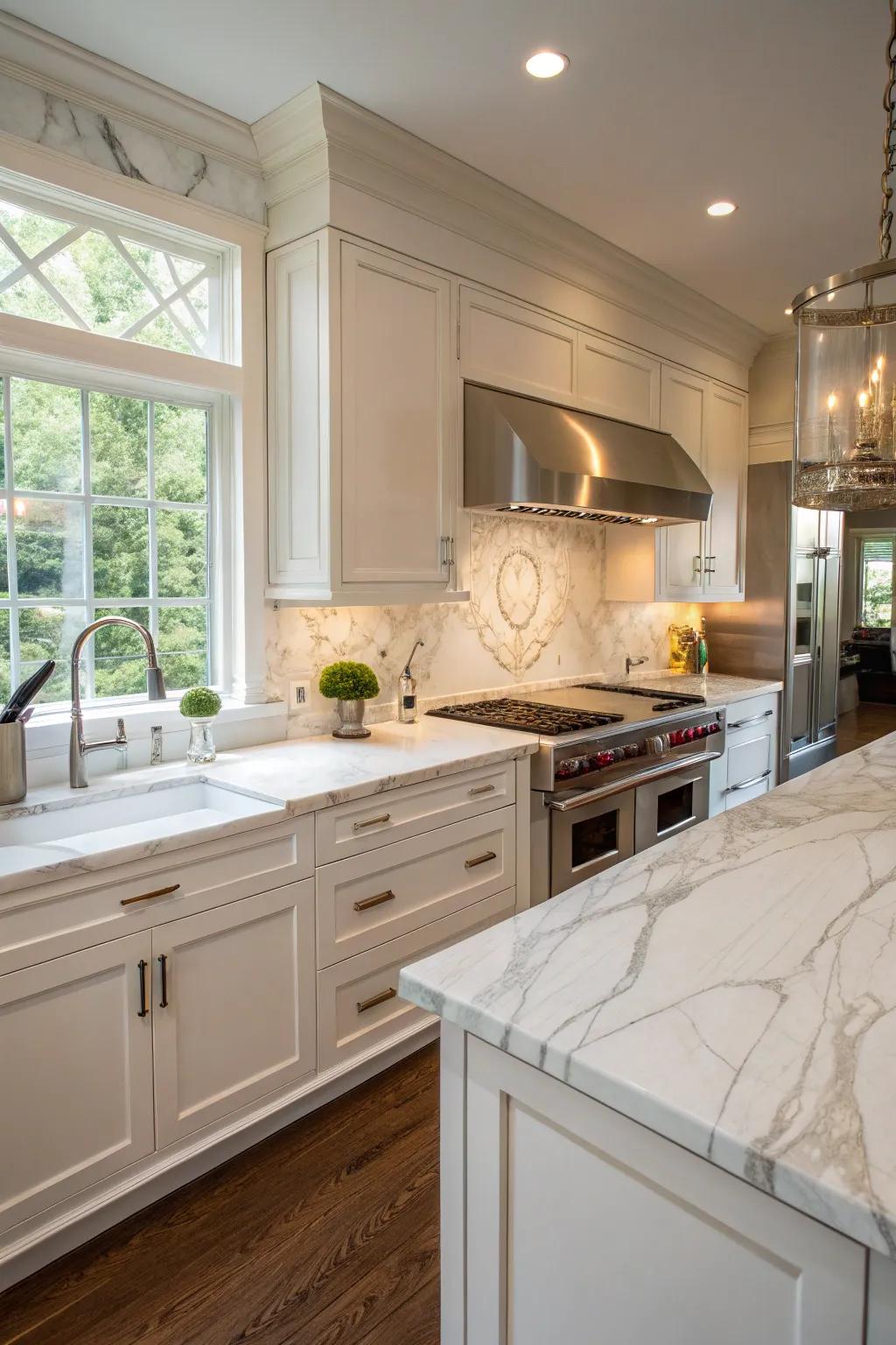 Timeless white marble countertops enhance kitchen elegance.