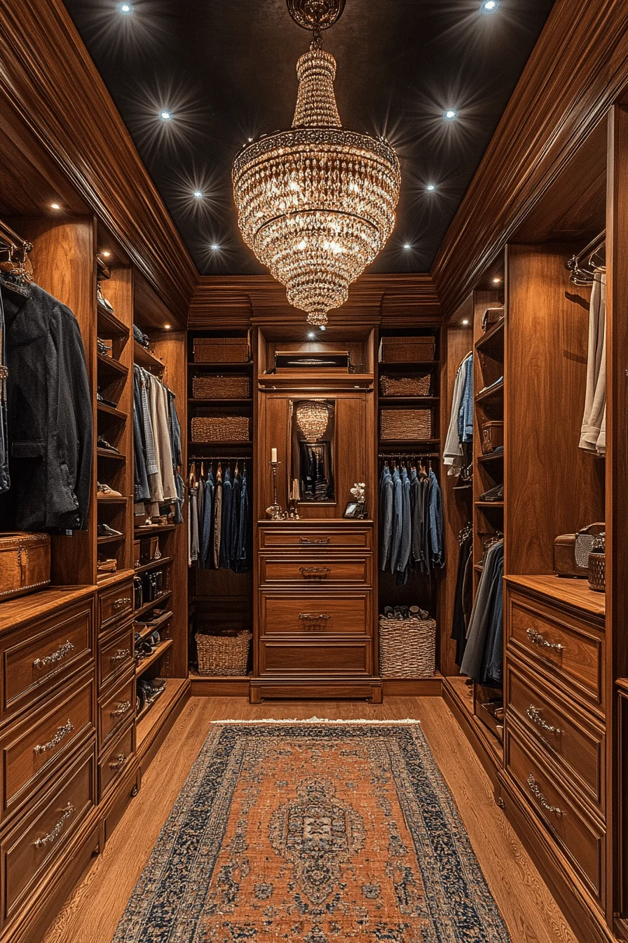 Elegant chandelier in walk-in closet