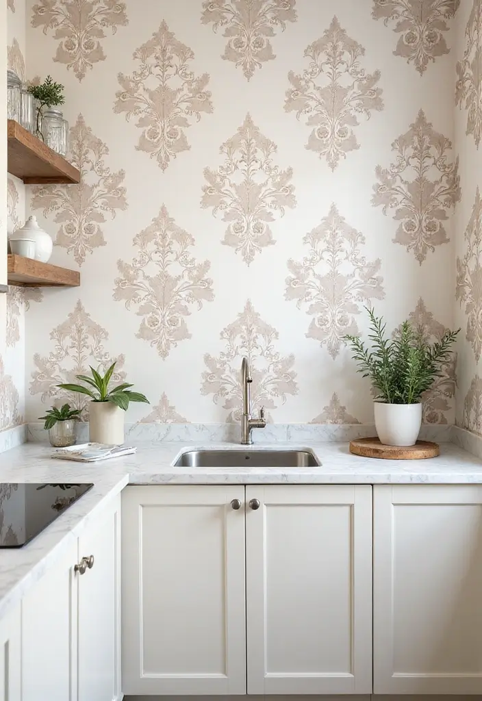 Elegant Damask Watercolor French Country Kitchen Wallpaper
