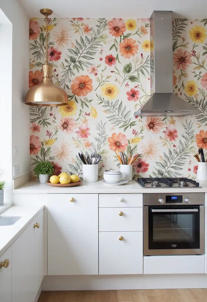 Graphic Floral Watercolor French Country Kitchen Wallpaper