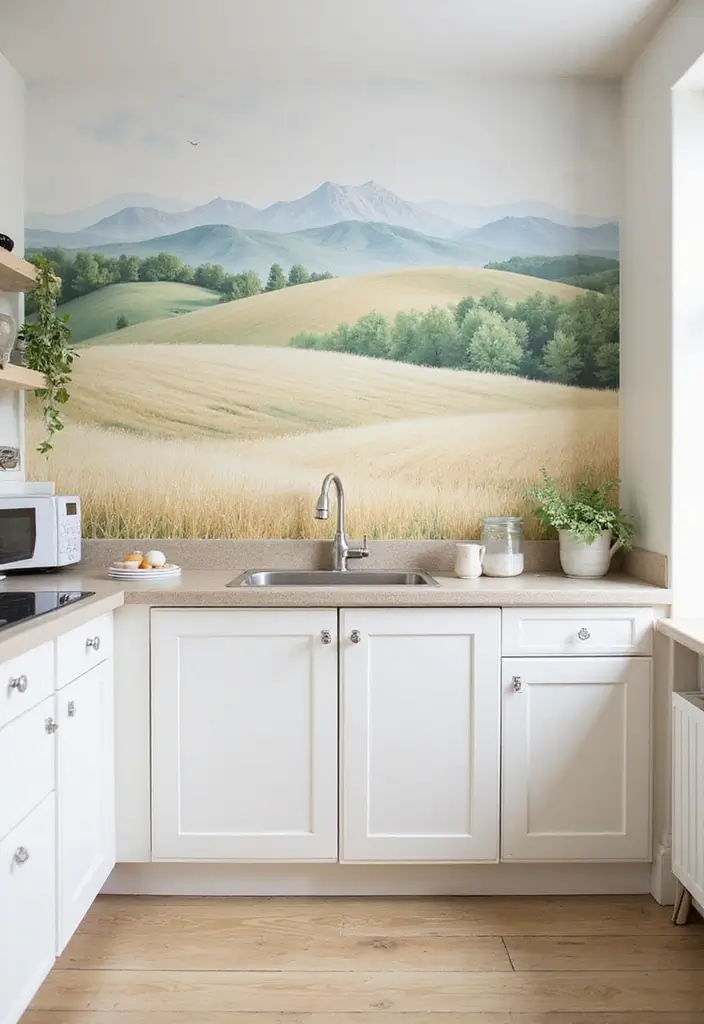 Pastel Landscape Watercolor French Country Kitchen Wallpaper