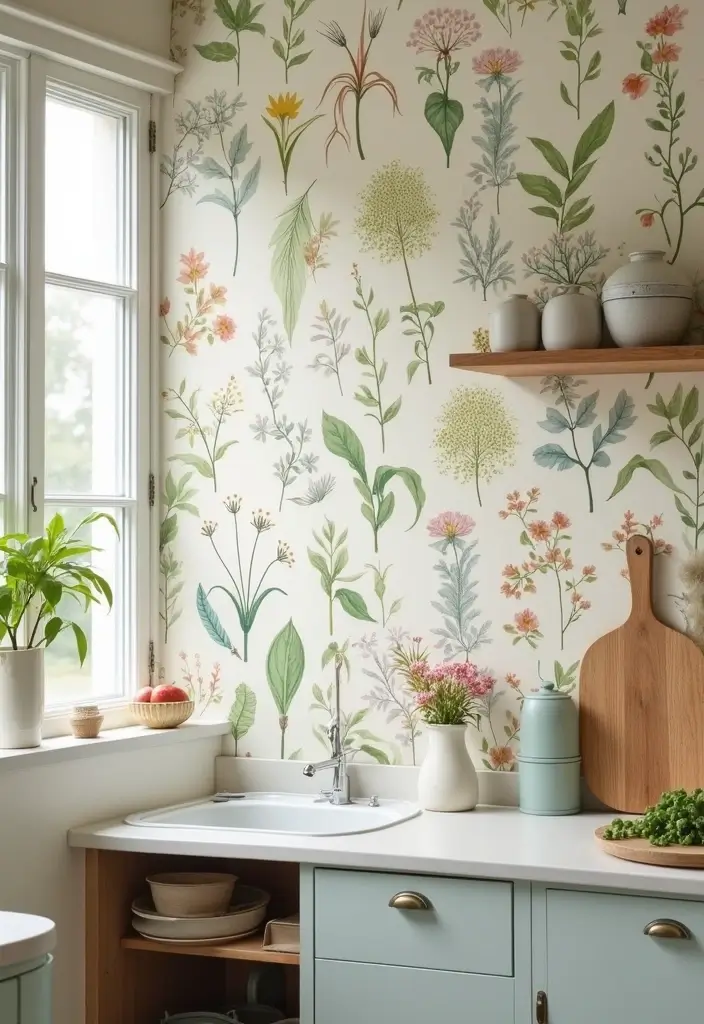 Vintage Botanical Watercolor French Country Kitchen Wallpaper