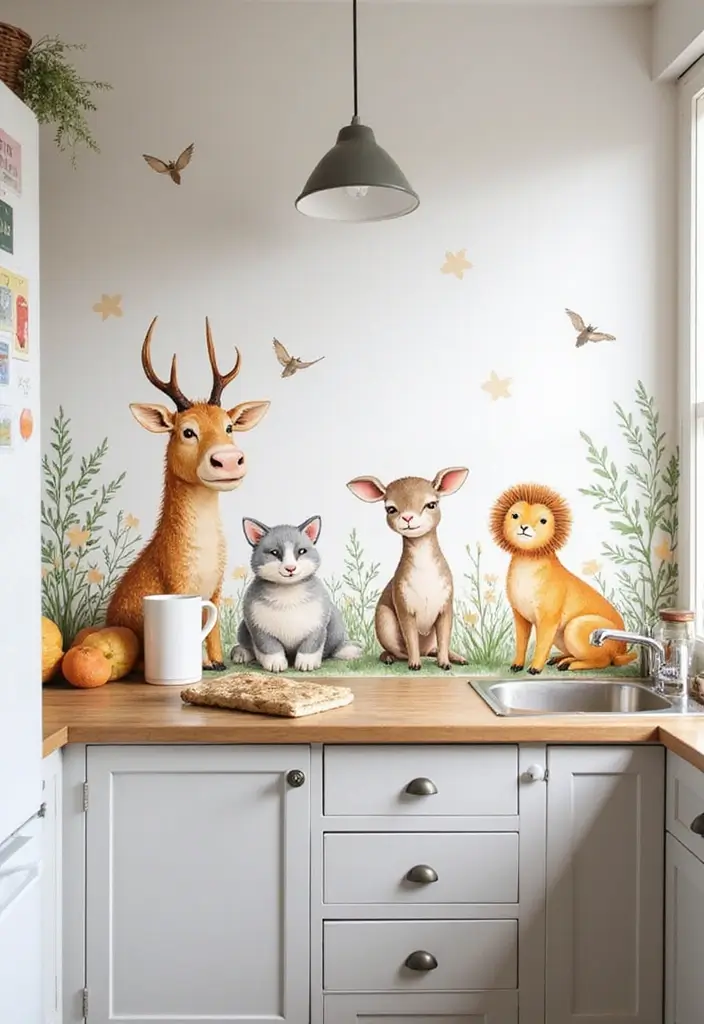 Whimsical Animal Watercolor French Country Kitchen Wallpaper