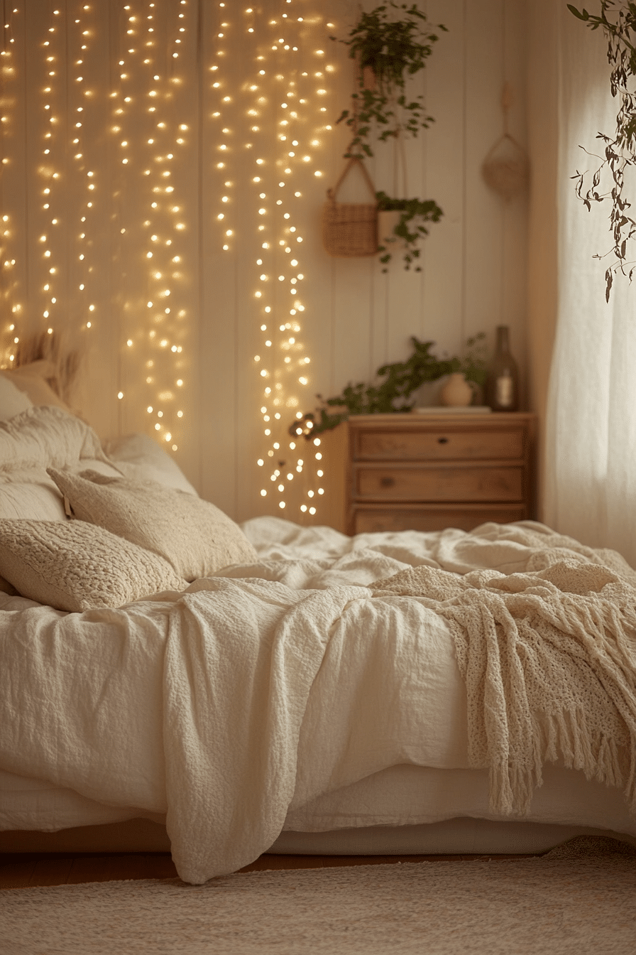 Boho bedroom with curtain lights creating a starry night effect
