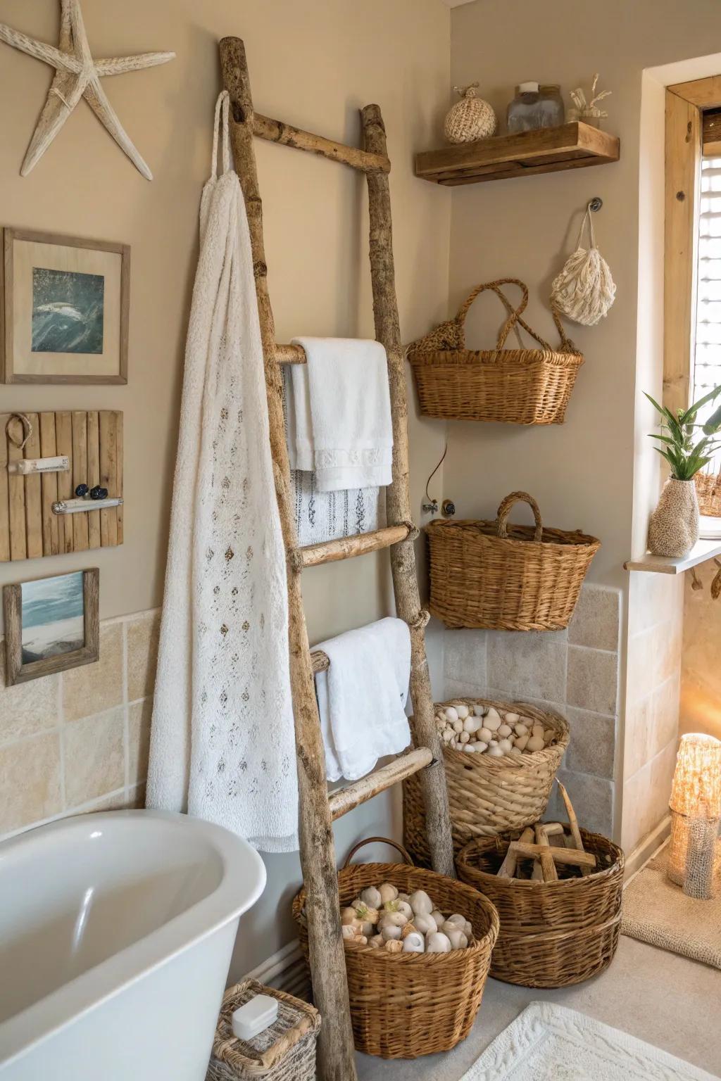 Natural beauty of a driftwood towel rack.
