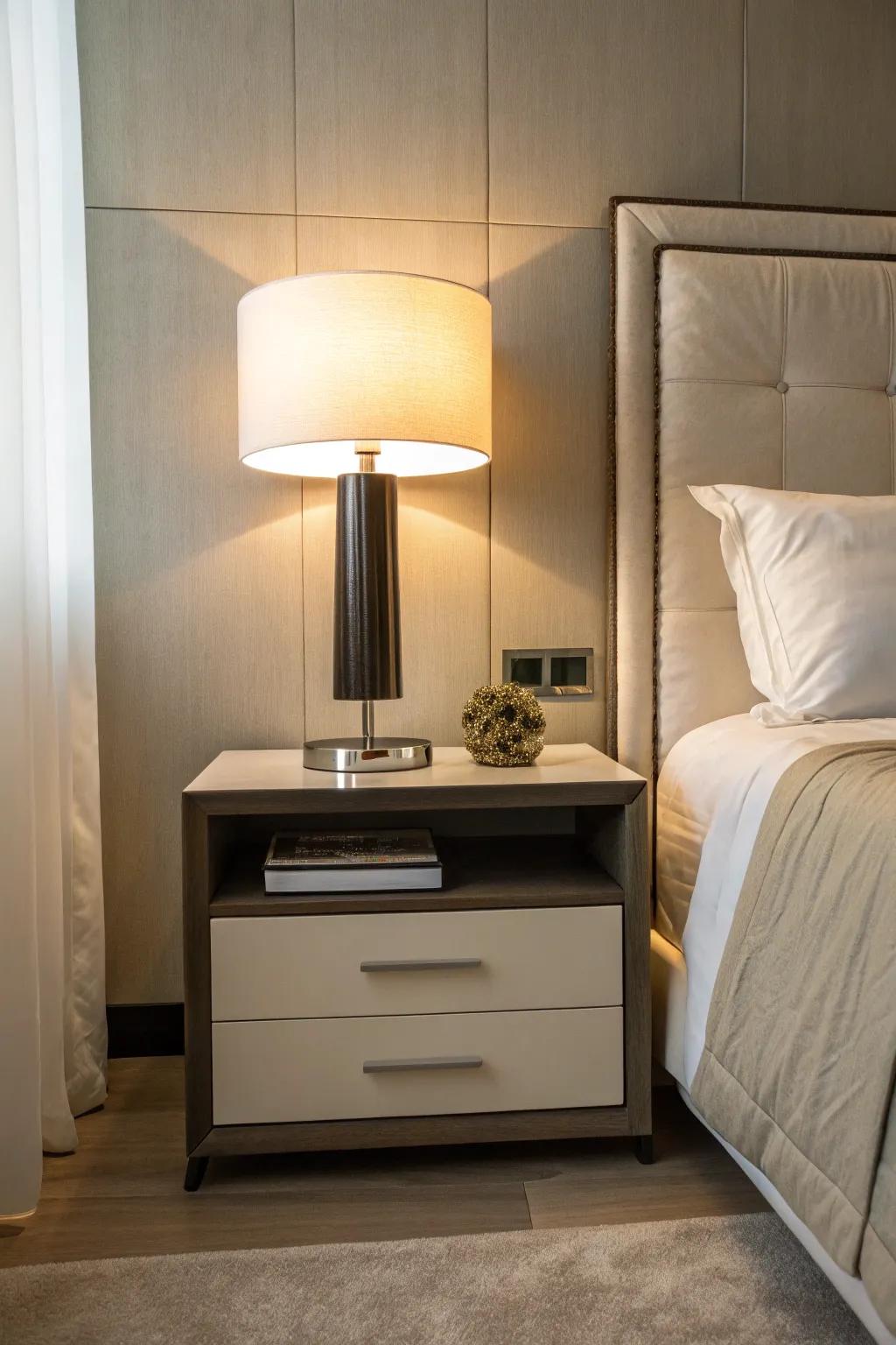 A sleek minimalist lamp enhances nightstand lighting and style.