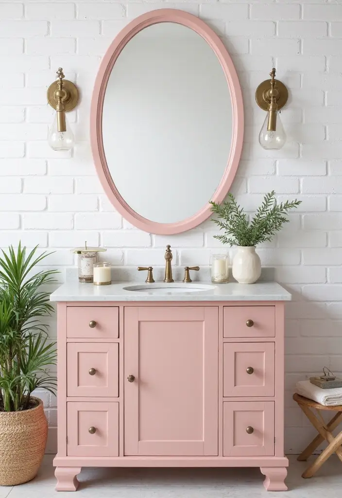 Striking Pink Vanity in Powder Room with White Subway Tiles