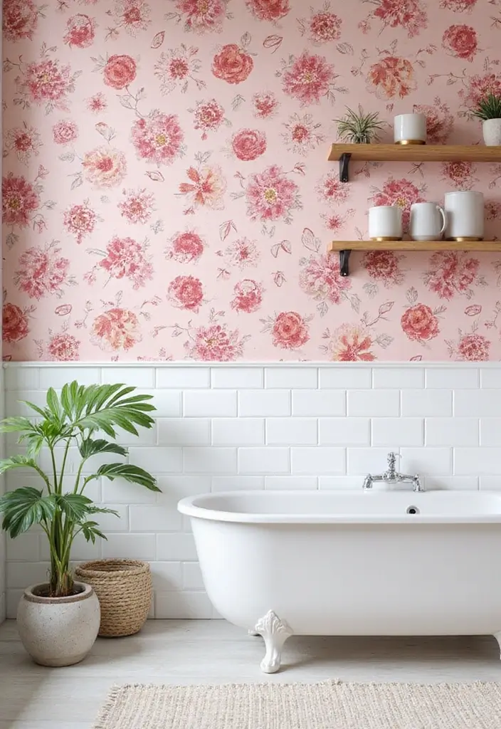 Floral Accent Wallpaper in Pink and Red