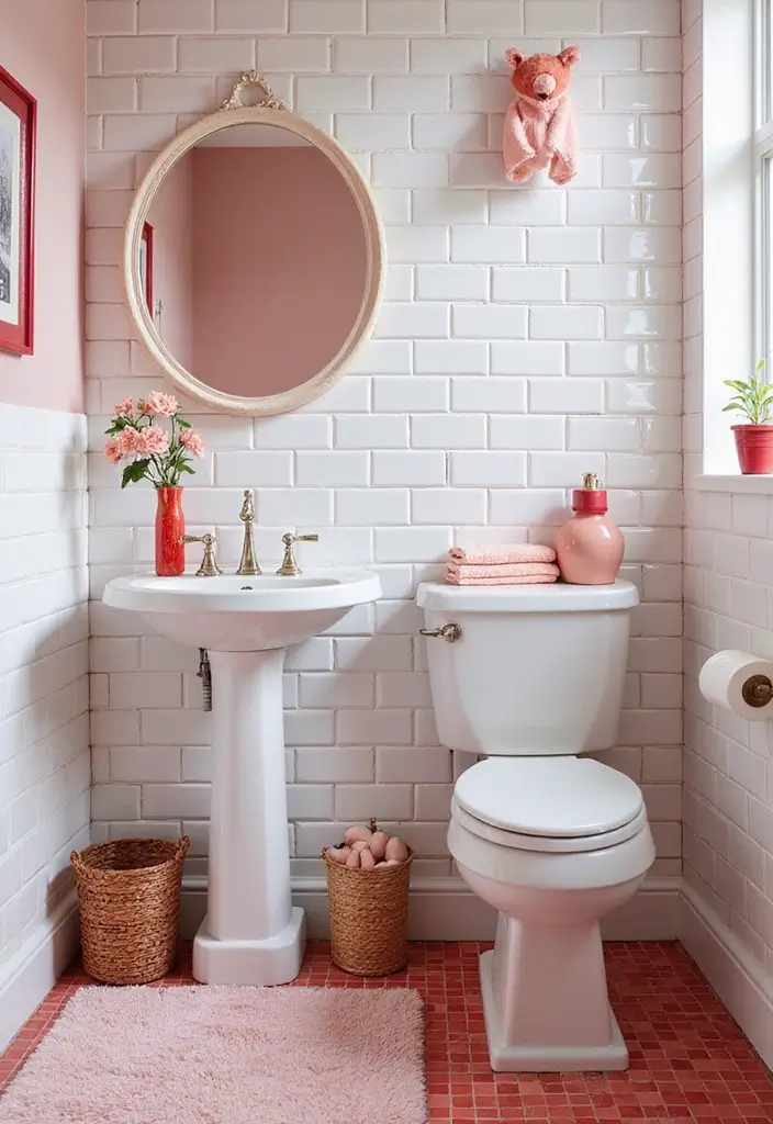 Chic Powder Room with Pink and Red Decor and White Subway Tiles