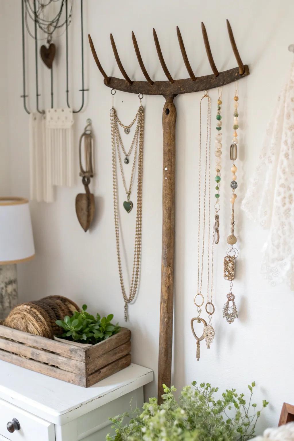 Rustic rake head repurposed as a chic jewelry organizer with boho vibes.