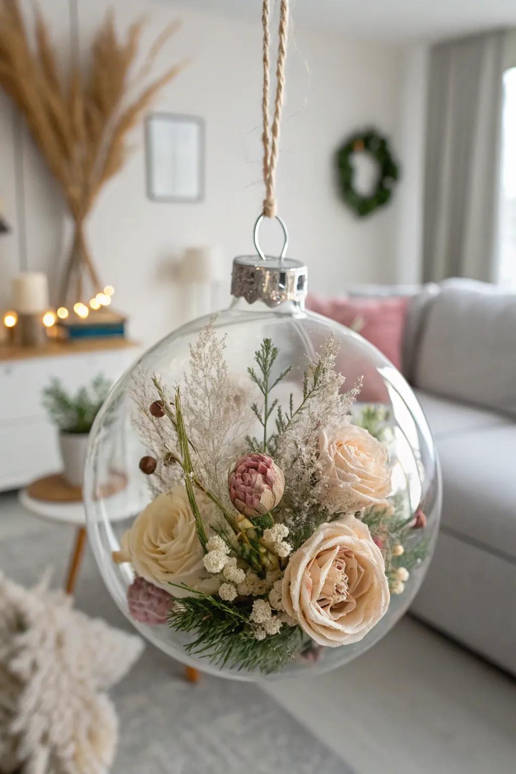 Add a boho-inspired charm to your holiday decorations with faux floral-filled ornaments. 🌸✨