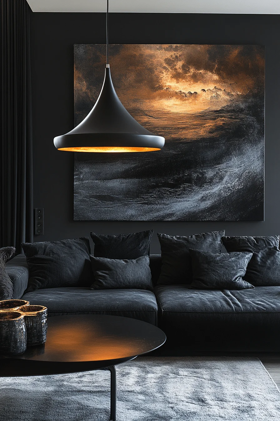 Sophisticated dark living room with black furniture and moody lighting