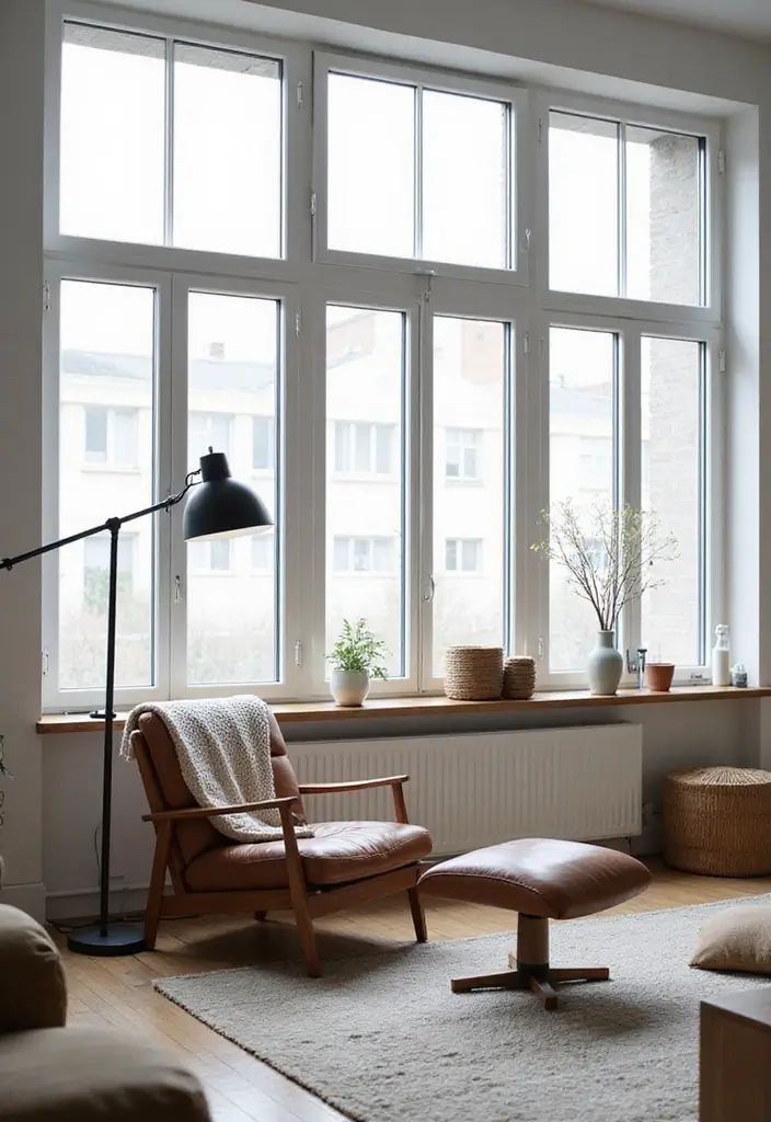 Sunlit Scandinavian Living Room with Steel-Frame Windows and Leather Chair