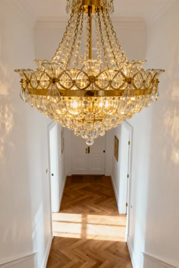 A bold chandelier in a stylish entryway with soft lighting and elegant decor.