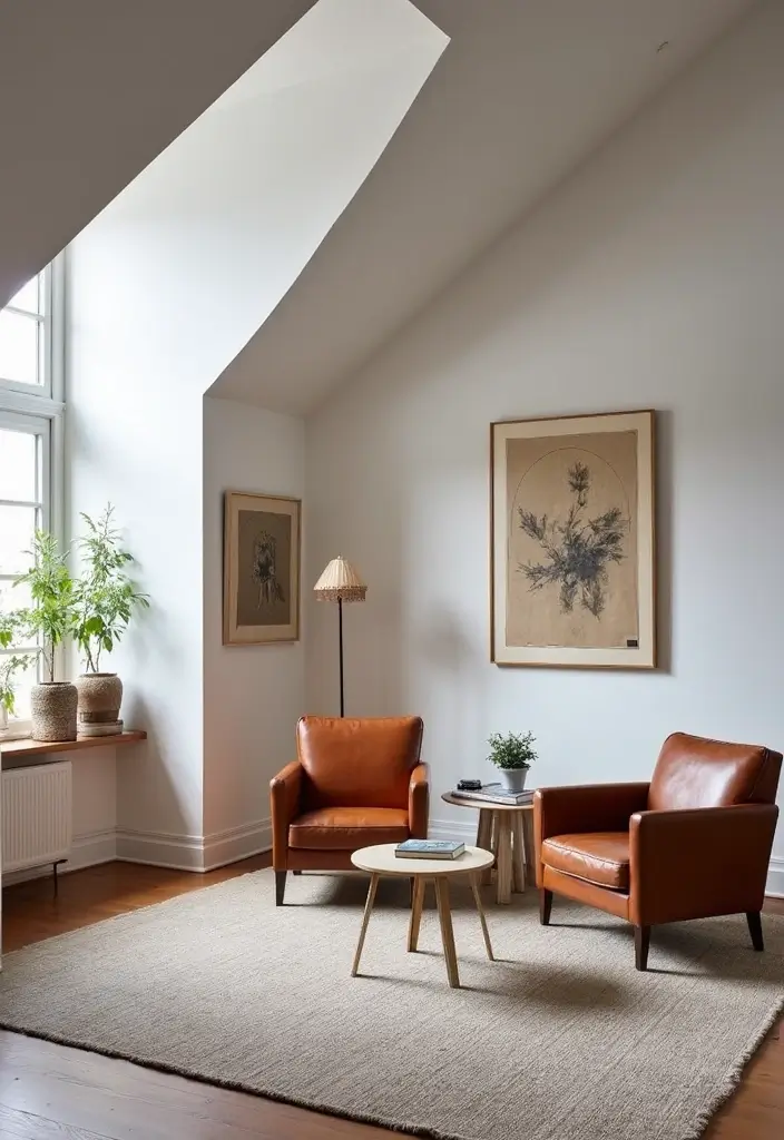 Art-Focused Scandinavian Living Room with Vaulted Ceiling, Wool Rug & Leather Club Chairs