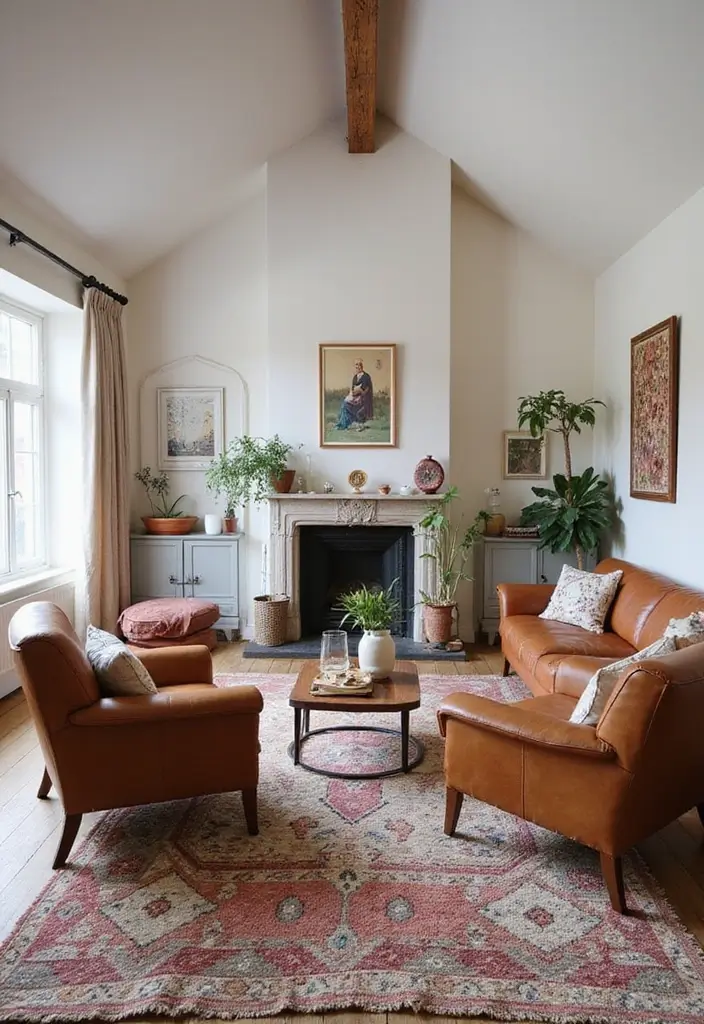 Bohemian Scandinavian Living Room with Vaulted Ceiling, Wool Rug & Leather Club Chairs