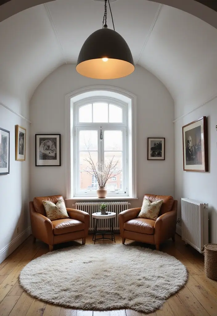 Cozy Scandinavian Reading Nook with Vaulted Ceiling, Wool Rug & Leather Club Chairs