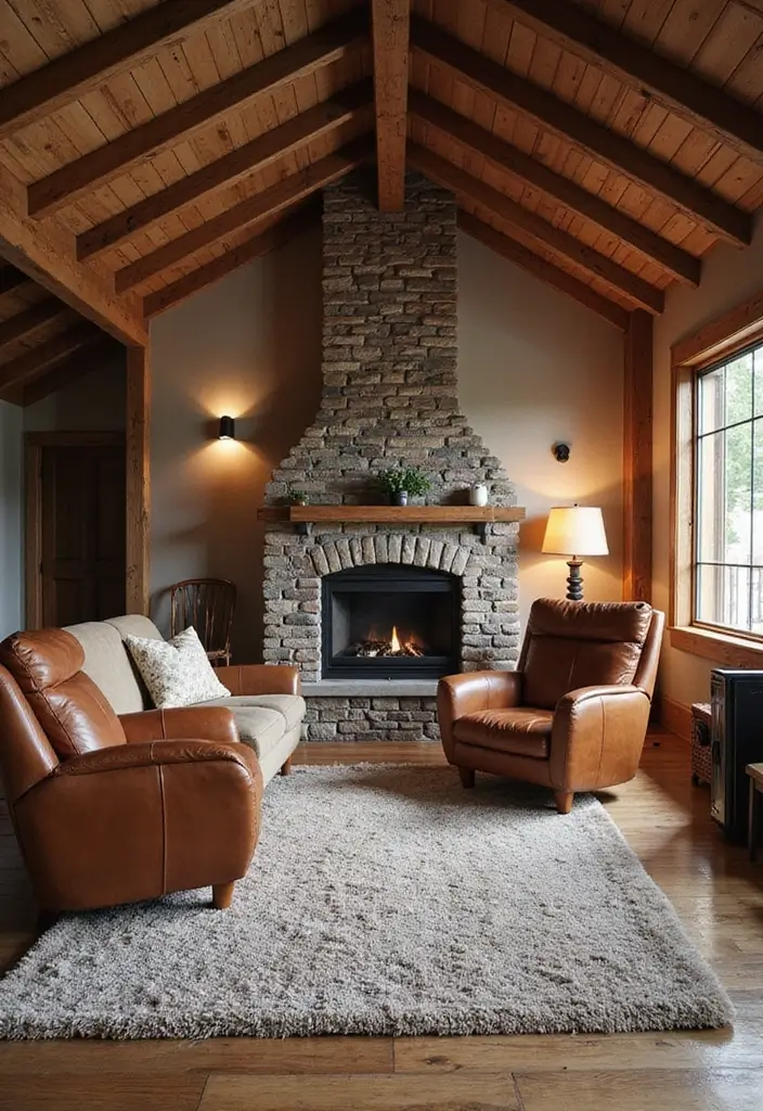 Cozy Scandinavian Living Room with Vaulted Ceiling, Wool Rug & Leather Club Chairs