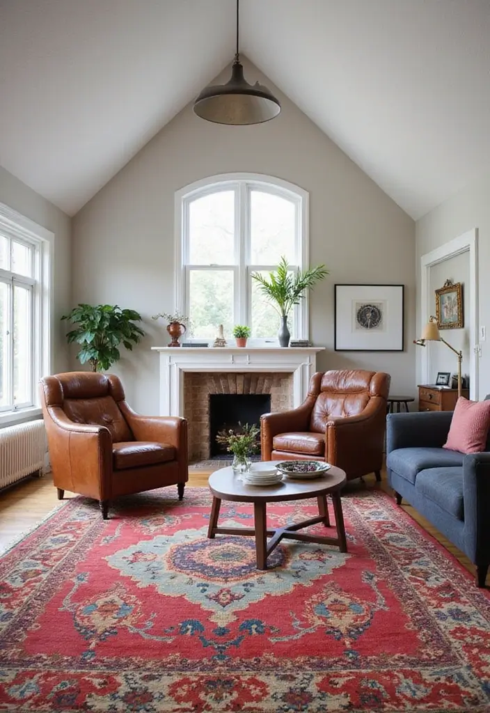 Eclectic Scandinavian Living Room with Vaulted Ceiling, Wool Rug & Leather Club Chairs
