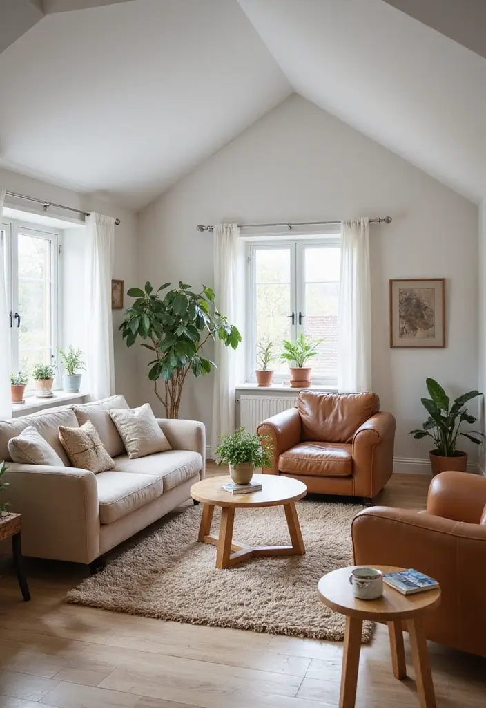 Family-Friendly Scandinavian Living Room with Vaulted Ceiling, Wool Rug & Leather Club Chairs