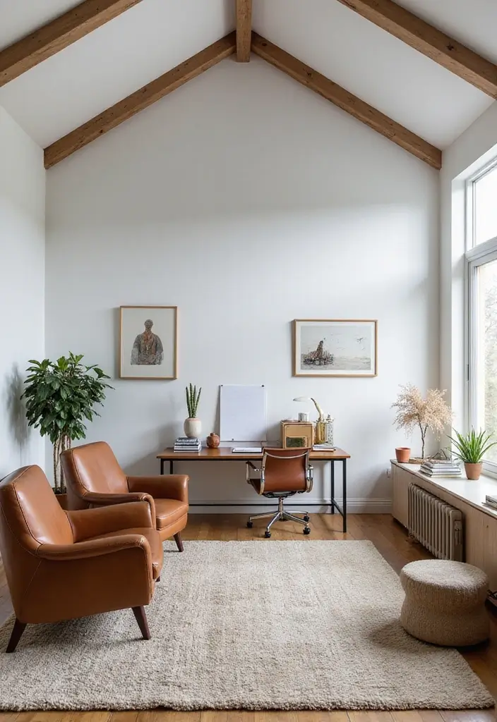 Inspirational Scandinavian Workspace with Vaulted Ceiling, Wool Rug & Leather Club Chairs