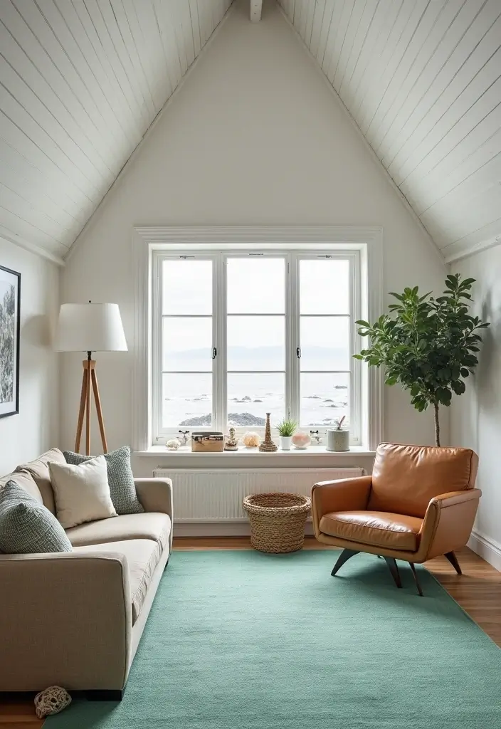 Nautical Scandinavian Living Room with Vaulted Ceiling, Wool Rug & Leather Club Chairs