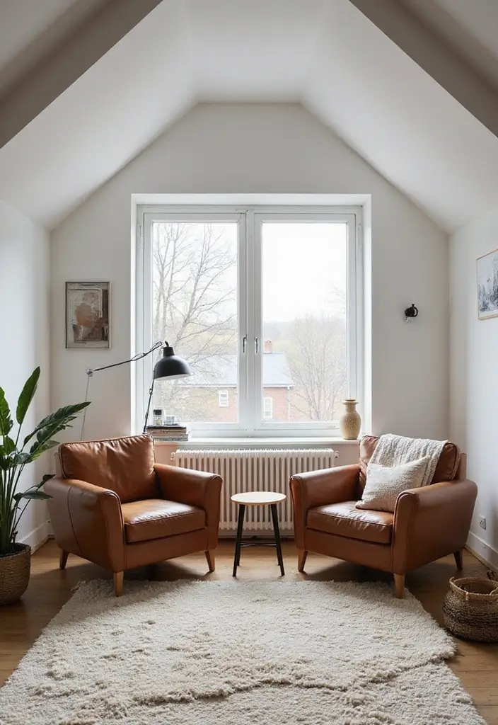Scandinavian Living Room Workspace with Vaulted Ceiling, Wool Rug & Leather Club Chairs