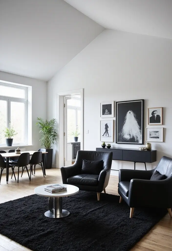 Monochrome Scandinavian Living Room with Vaulted Ceiling, Wool Rug & Leather Club Chairs