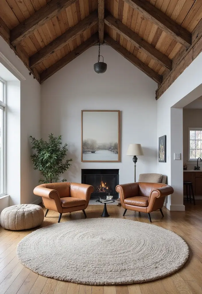 Urban Loft Scandinavian Living Room with Vaulted Ceiling, Wool Rug & Leather Club Chairs